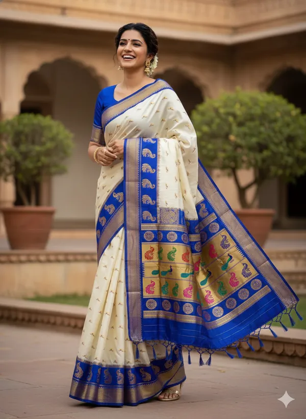 Ivory_Cream_Soft_Silk_Aryahi_Kadiyal_Paithani_Saree_For_Women